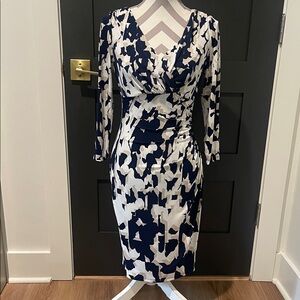 Ralph Lauren Navy White Abstract Print Faux Wrap Pencil Dress Size 4
